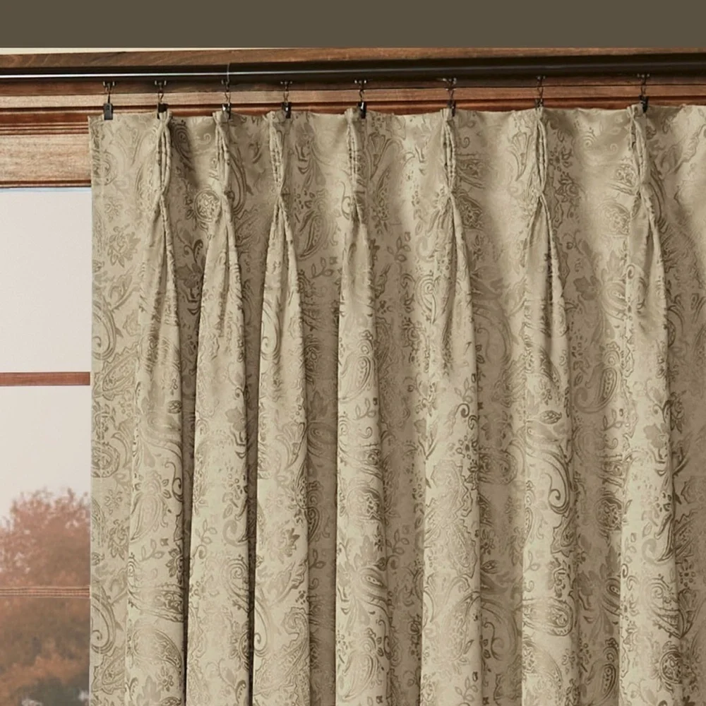 TWO Elegant Custom Tan & Blue Pinch Paisley Pleat Curtain